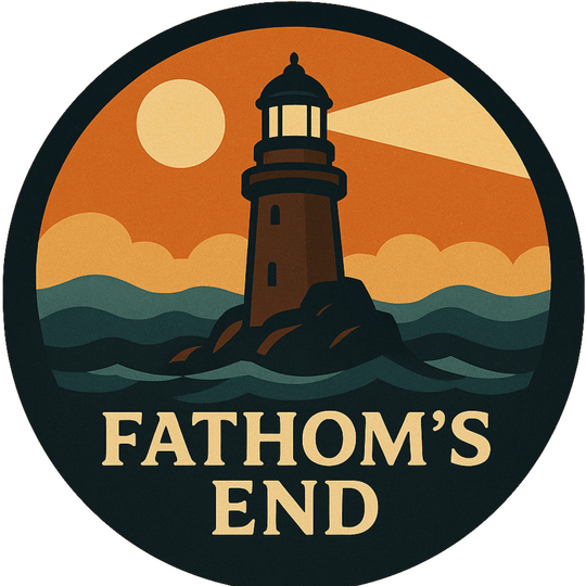 A lighthouse on the rocks in the middle of the sea against an orange sunset.